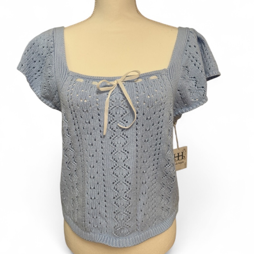 Haute Hippie 100% Cotton Crochet Short Puff Sleeve Square Neck Sweater Top Sz XL
